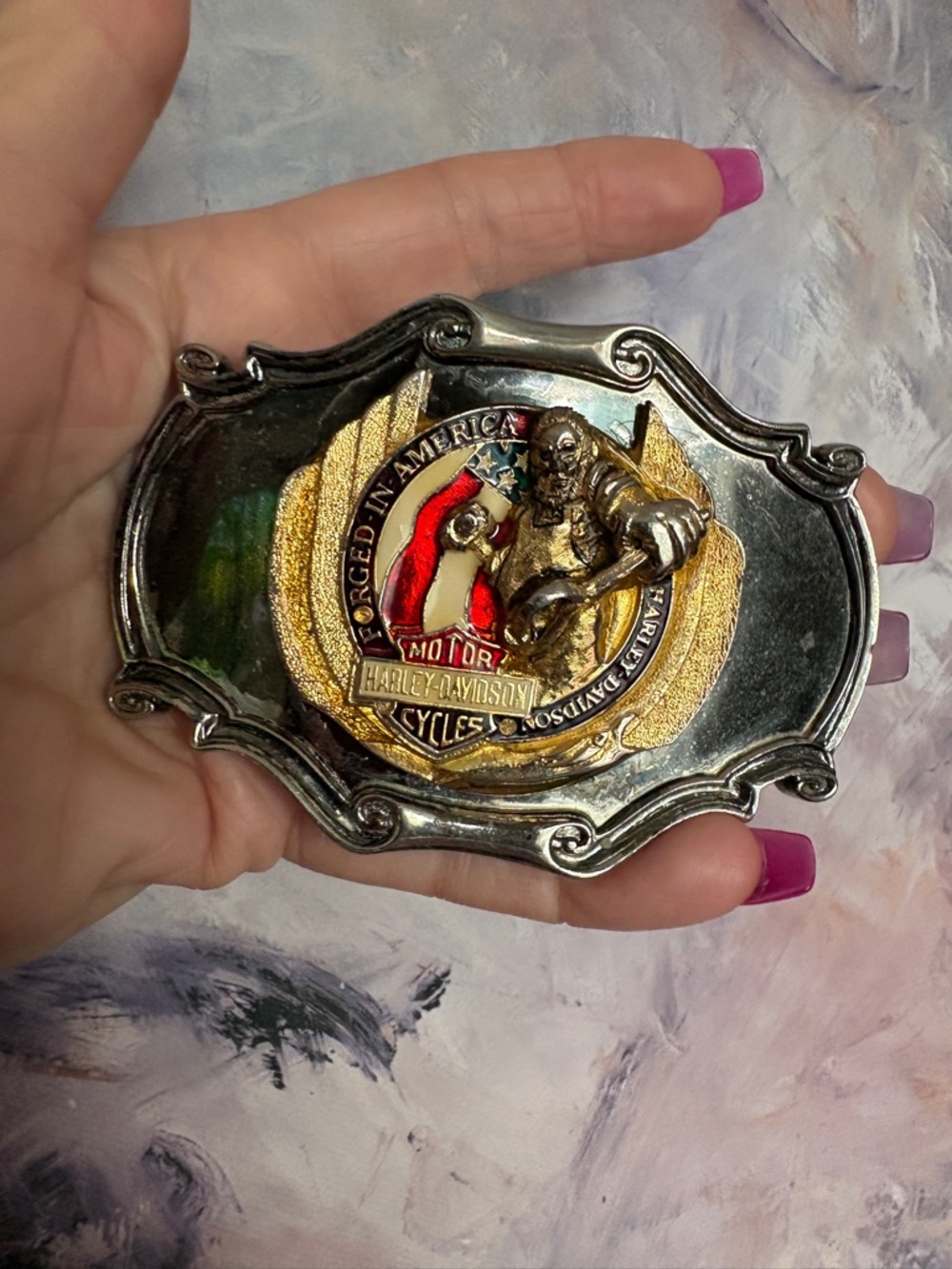 Vintage Harley-Davidson Silver and Goldtone Belt Buckle with Gold & Red Enamel